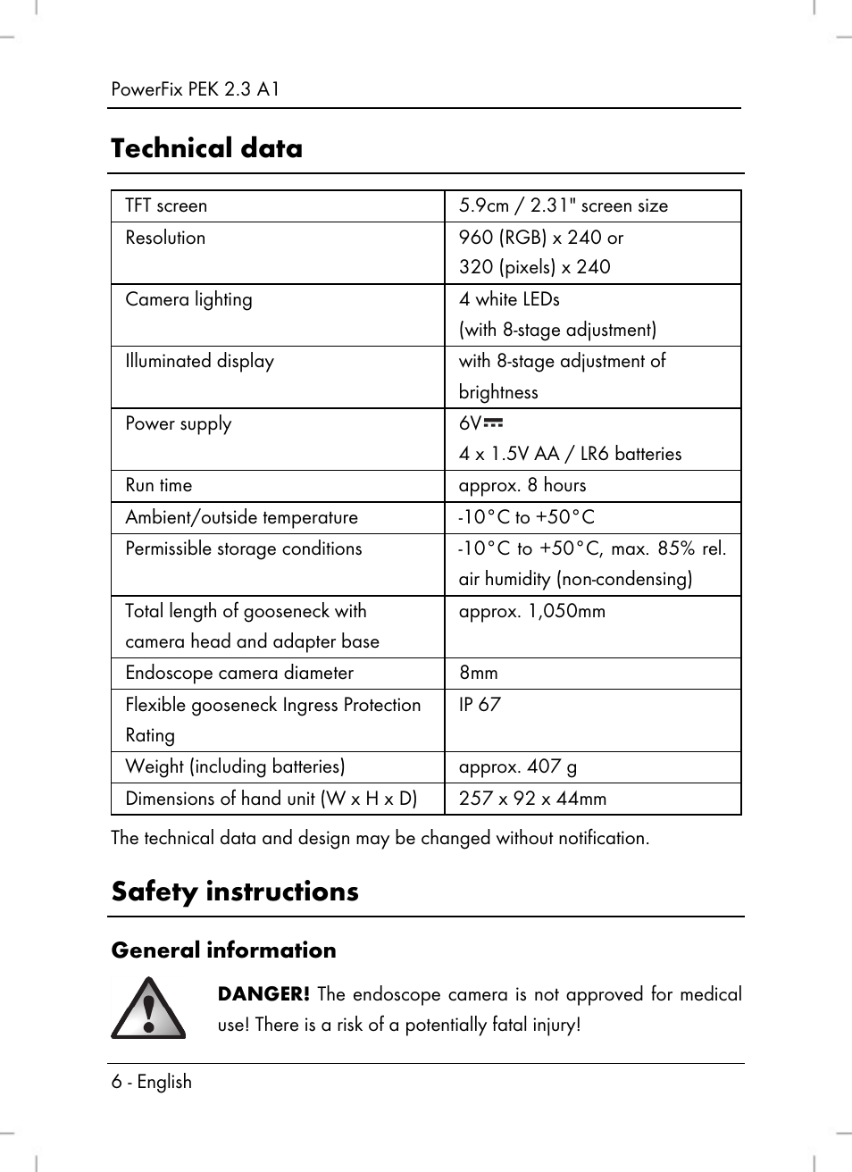 Technical data, Safety instructions, General information | Powerfix PEK 2.3 A1 User Manual | Page 8 / 136