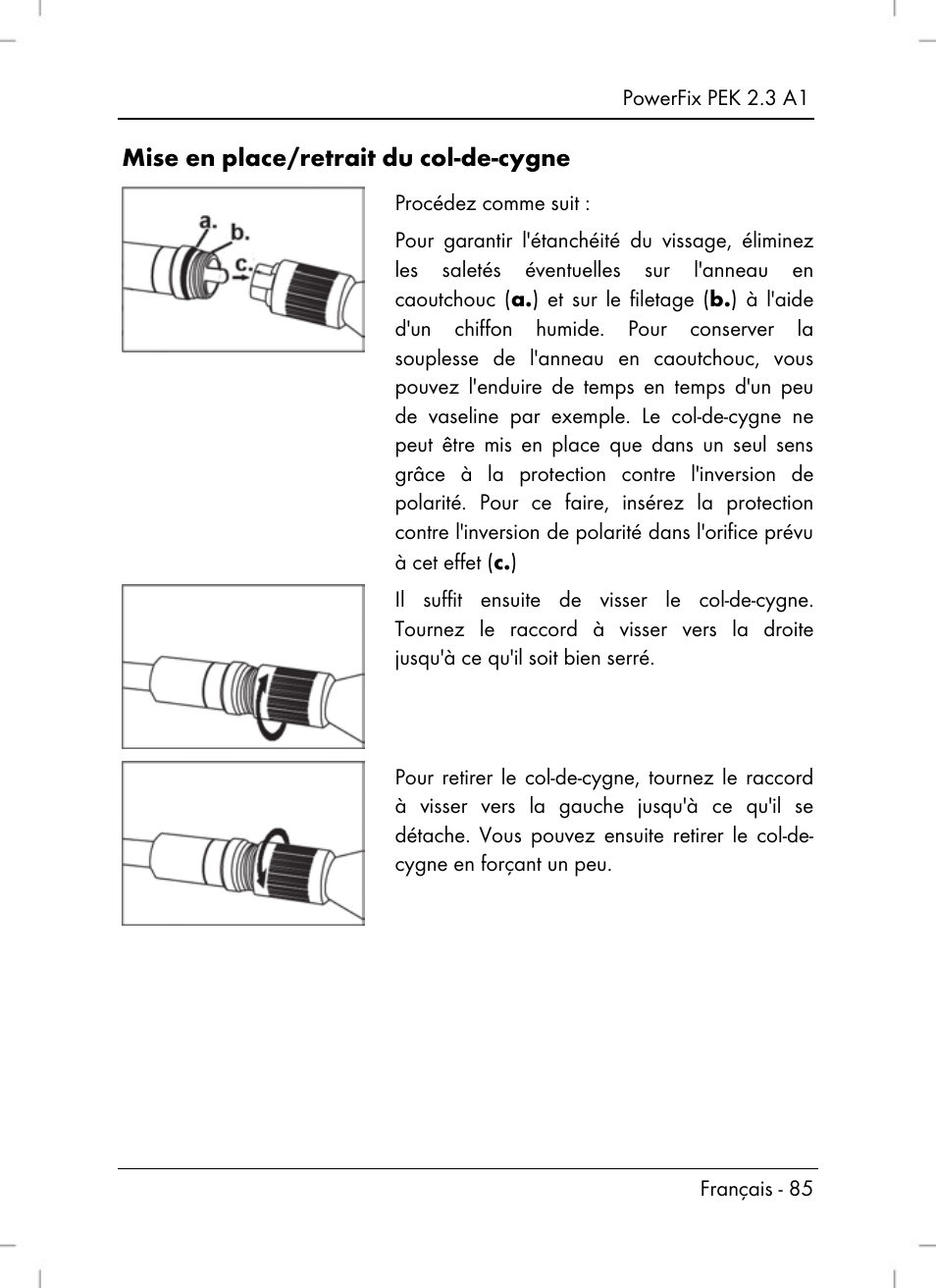 Mise en place/retrait du col-de-cygne | Powerfix PEK 2.3 A1 User Manual | Page 87 / 136