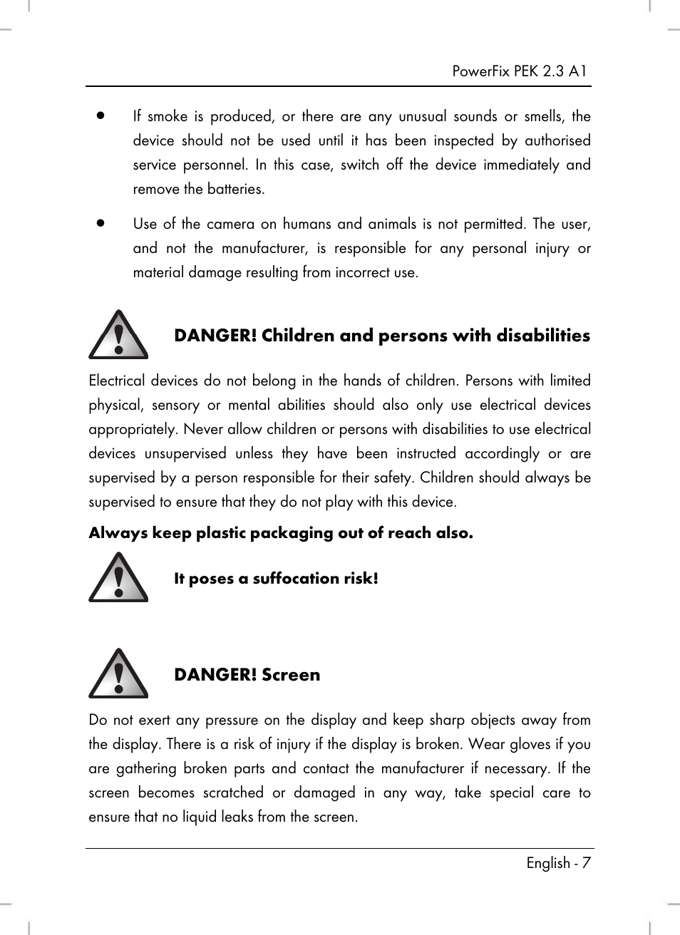 Danger, Children and persons with disabilities, Screen | Powerfix PEK 2.3 A1 User Manual | Page 9 / 136