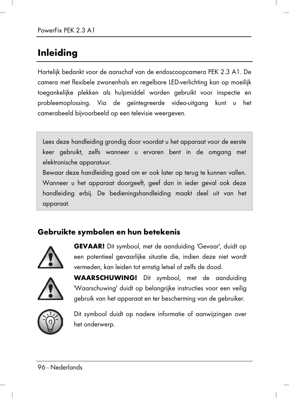 Inleiding, Gebruikte symbolen en hun betekenis | Powerfix PEK 2.3 A1 User Manual | Page 98 / 136