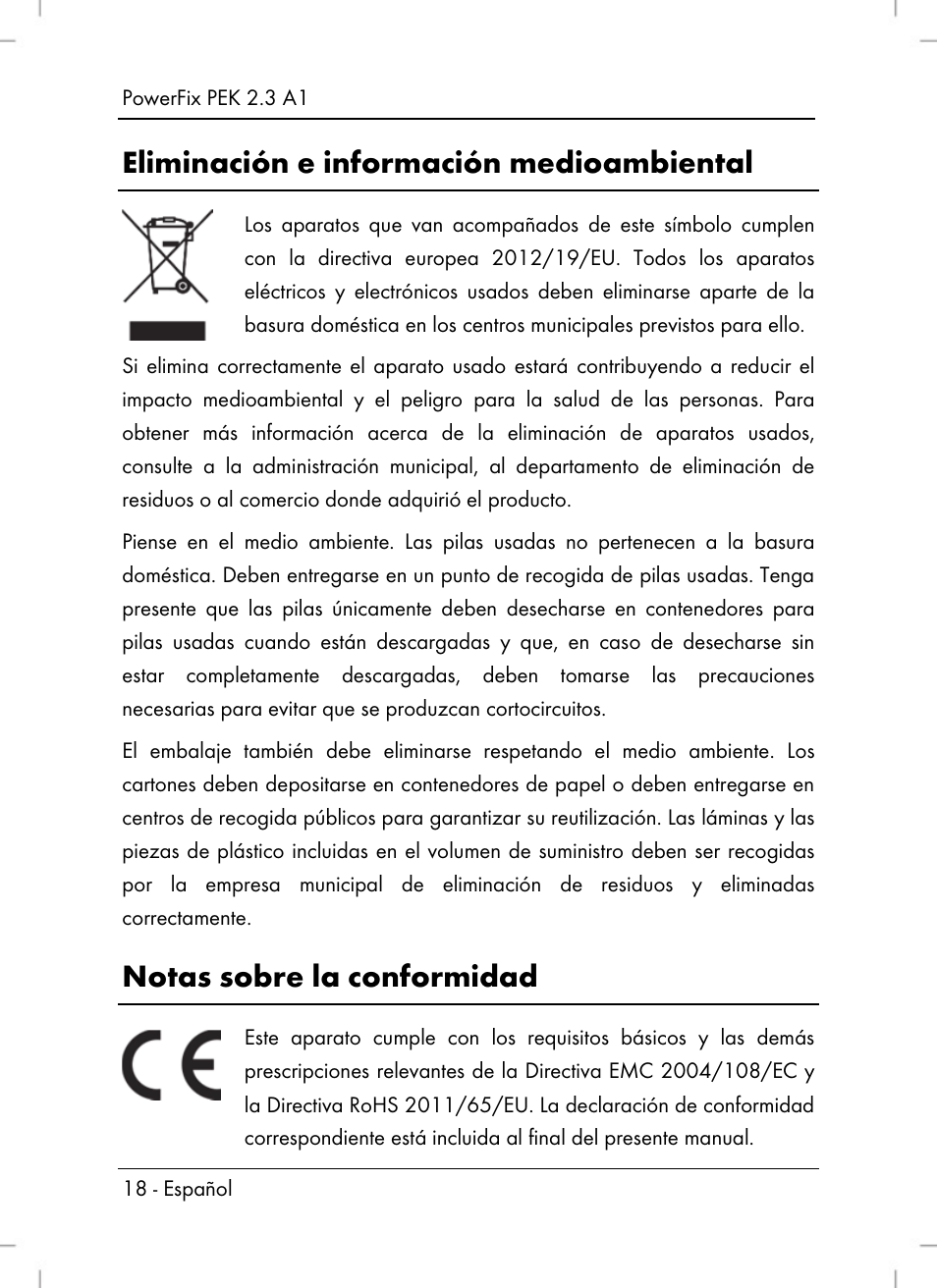 Eliminación e información medioambiental, Notas sobre la conformidad | Powerfix PEK 2.3 A1 User Manual | Page 20 / 98