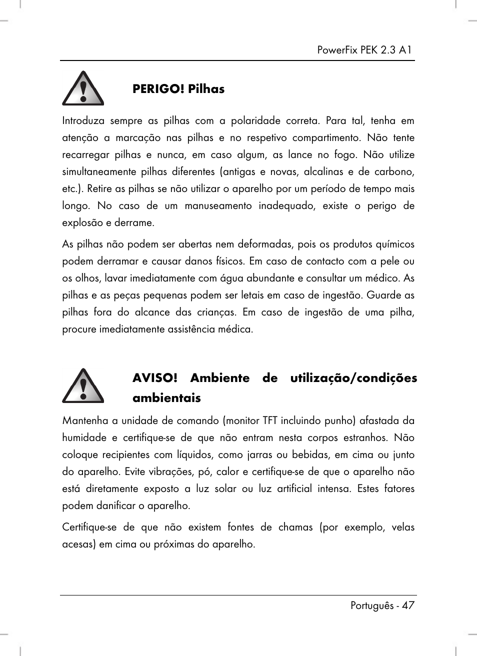 Perigo! pilhas, Aviso! ambiente de utilização/condições ambientais | Powerfix PEK 2.3 A1 User Manual | Page 49 / 98