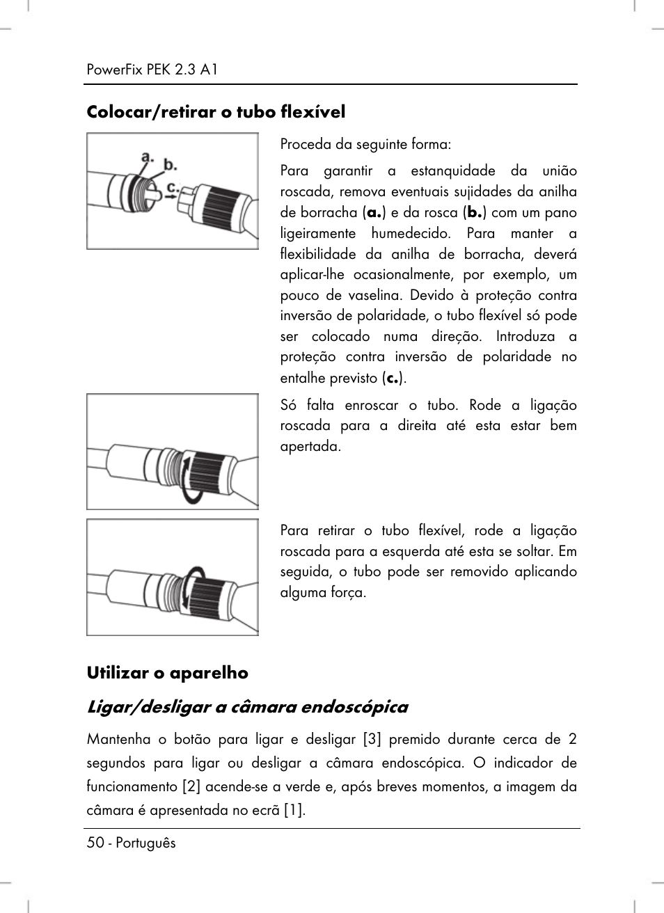 Ligar/desligar a câmara endoscópica, Colocar/retirar o tubo flexível, Utilizar o aparelho | Powerfix PEK 2.3 A1 User Manual | Page 52 / 98