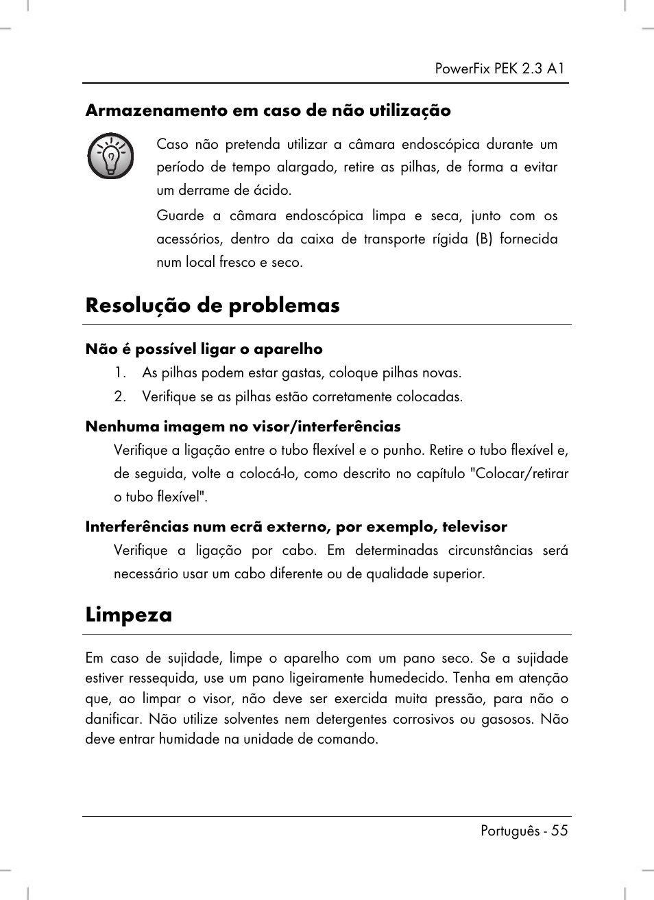 Resolução de problemas, Limpeza | Powerfix PEK 2.3 A1 User Manual | Page 57 / 98