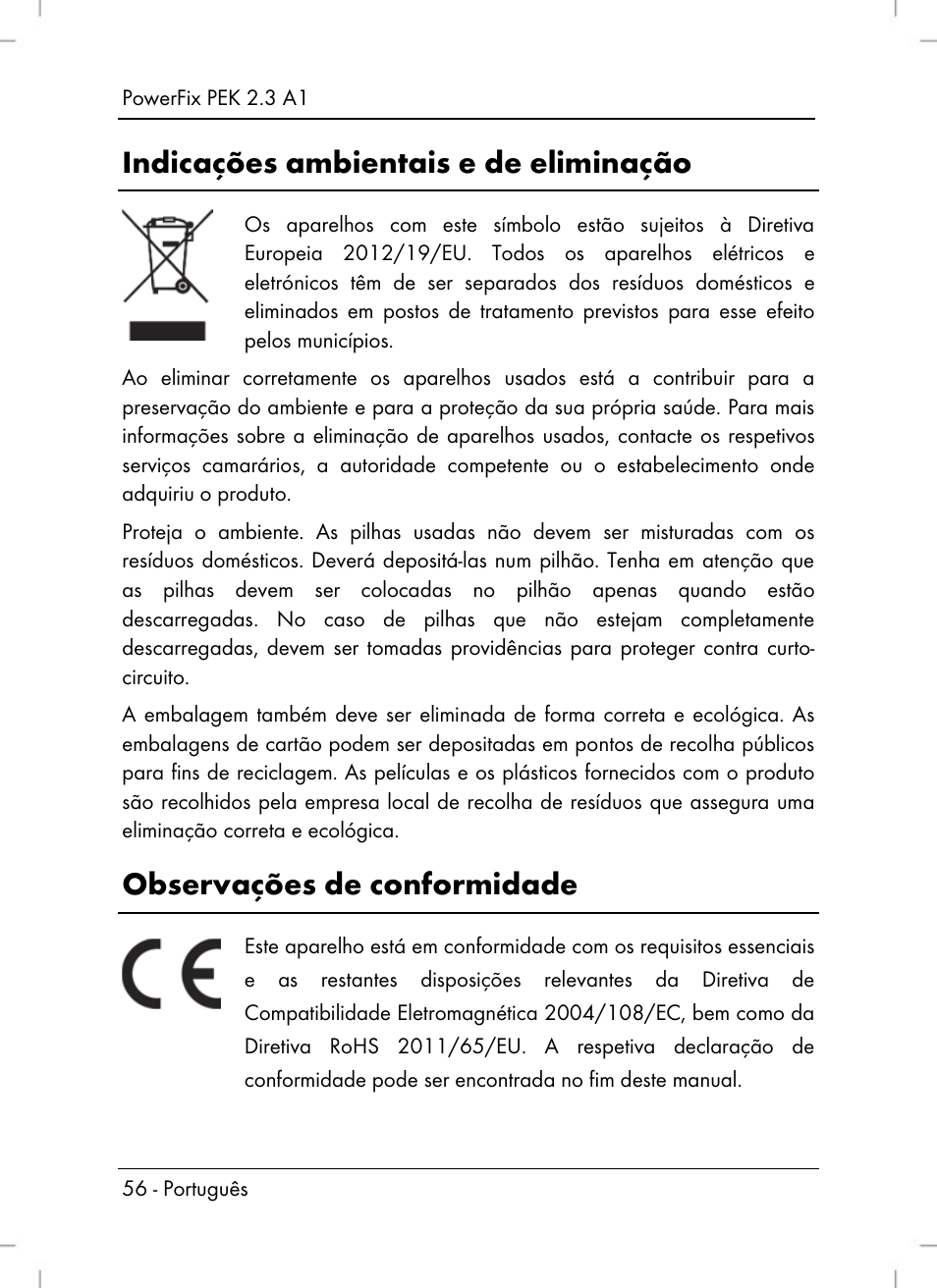 Indicações ambientais e de eliminação, Observações de conformidade | Powerfix PEK 2.3 A1 User Manual | Page 58 / 98