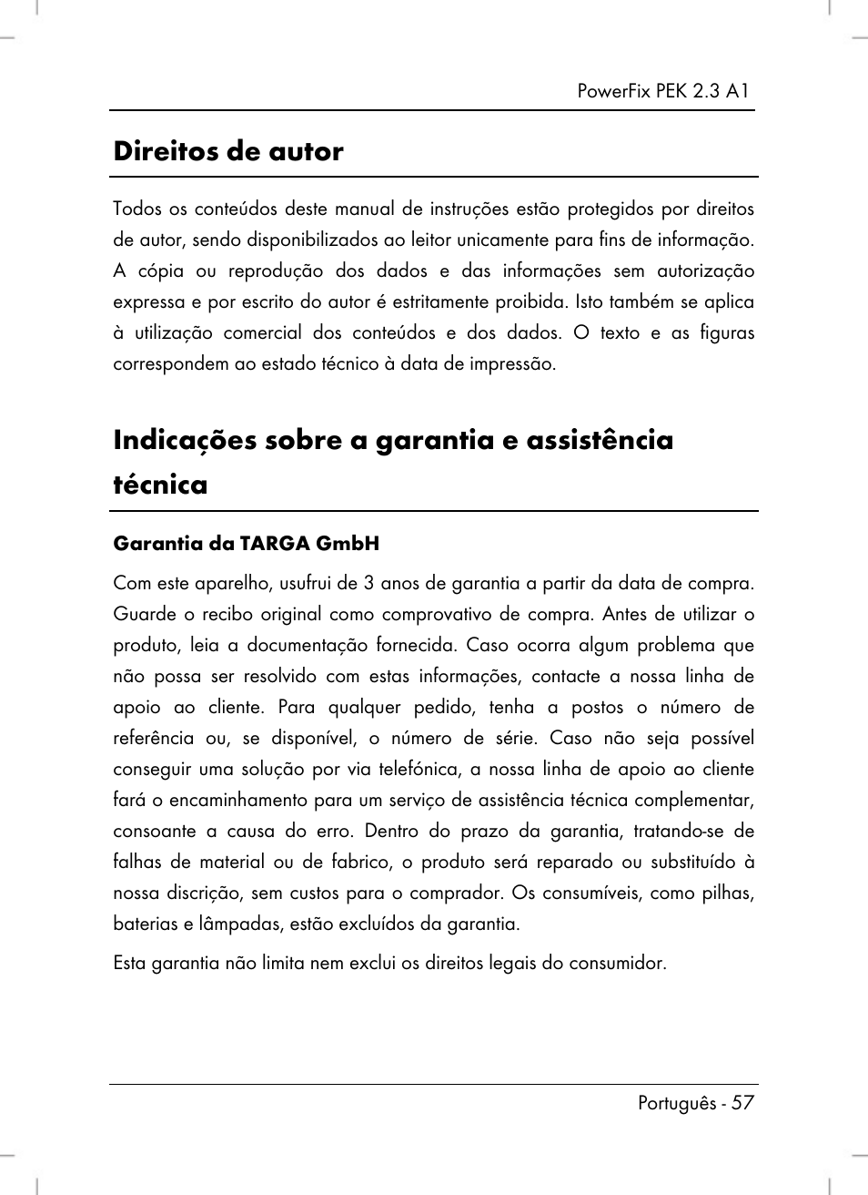 Direitos de autor, Indicações sobre a garantia e assistência técnica | Powerfix PEK 2.3 A1 User Manual | Page 59 / 98