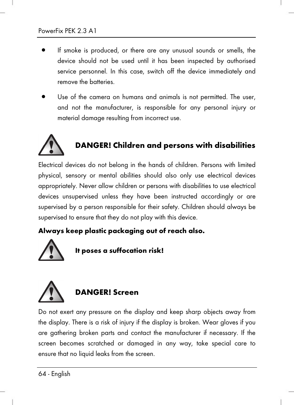 Danger, Children and persons with disabilities, Screen | Powerfix PEK 2.3 A1 User Manual | Page 66 / 98