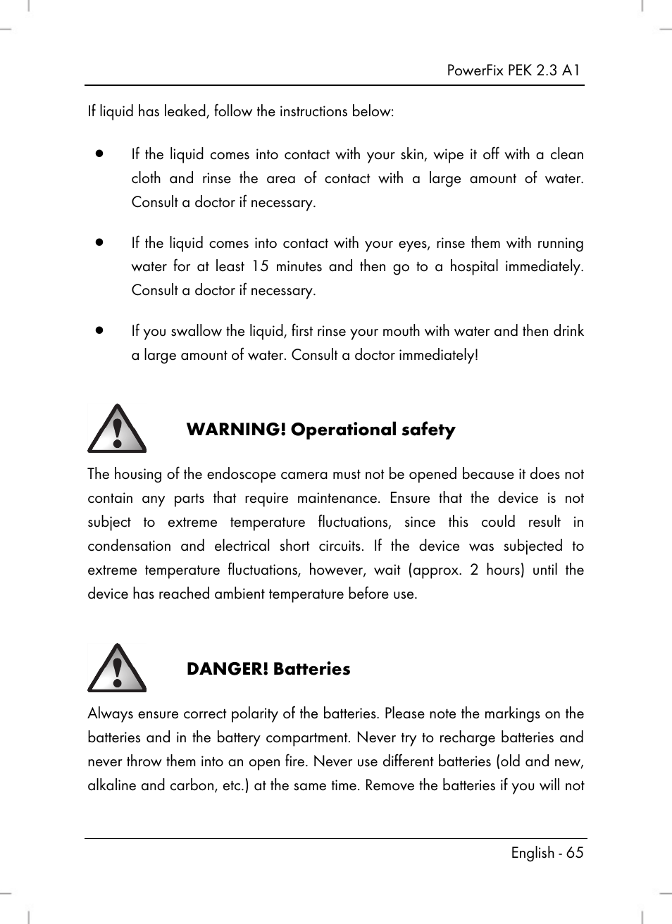 Warning, Operational safety, Danger | Batteries | Powerfix PEK 2.3 A1 User Manual | Page 67 / 98