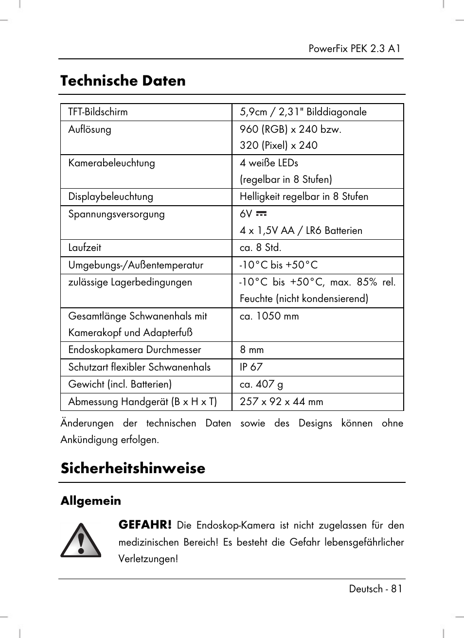 Technische daten, Sicherheitshinweise | Powerfix PEK 2.3 A1 User Manual | Page 83 / 98