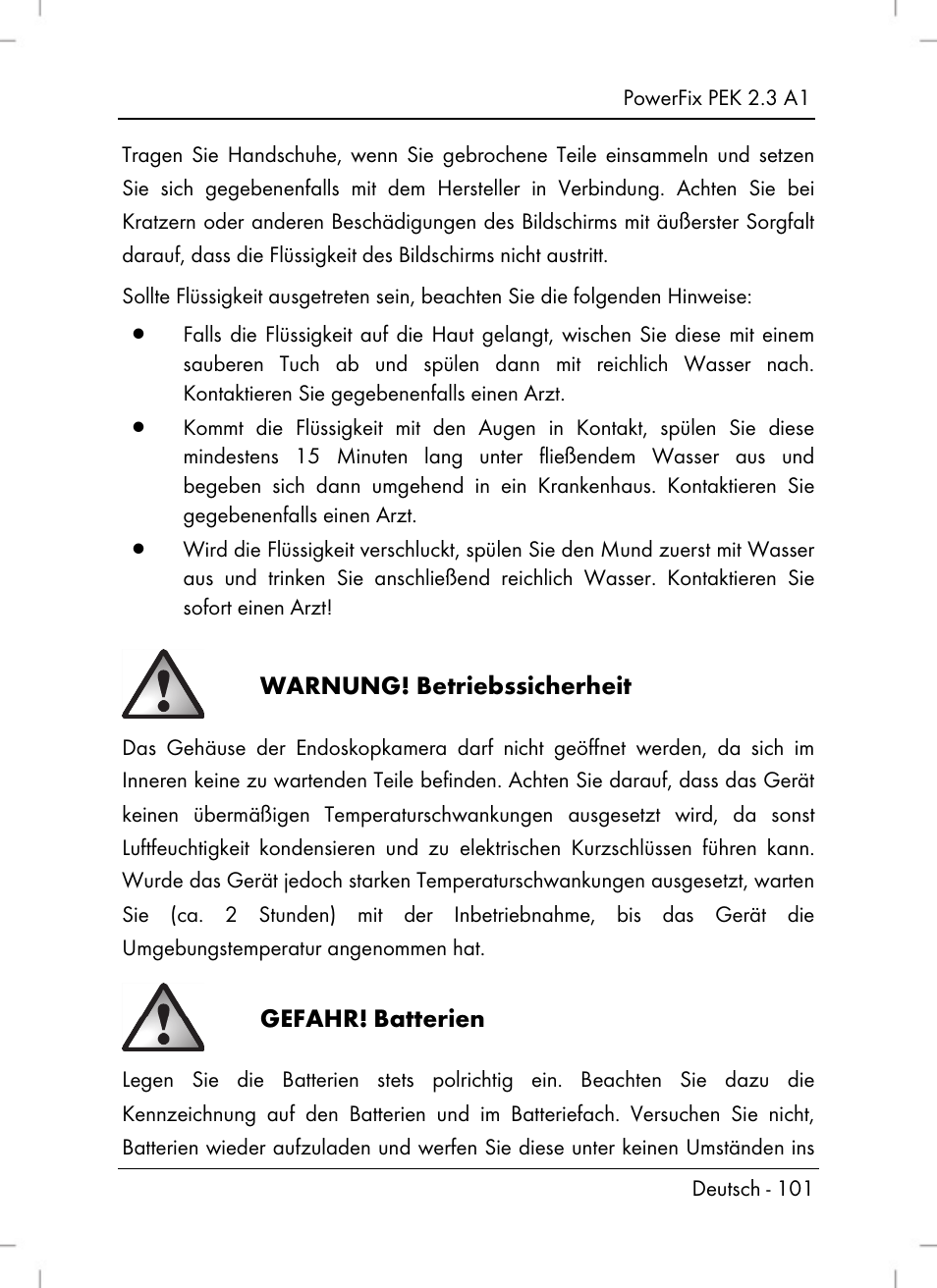 Warnung! betriebssicherheit, Gefahr, Batterien | Powerfix PEK 2.3 A1 User Manual | Page 103 / 116