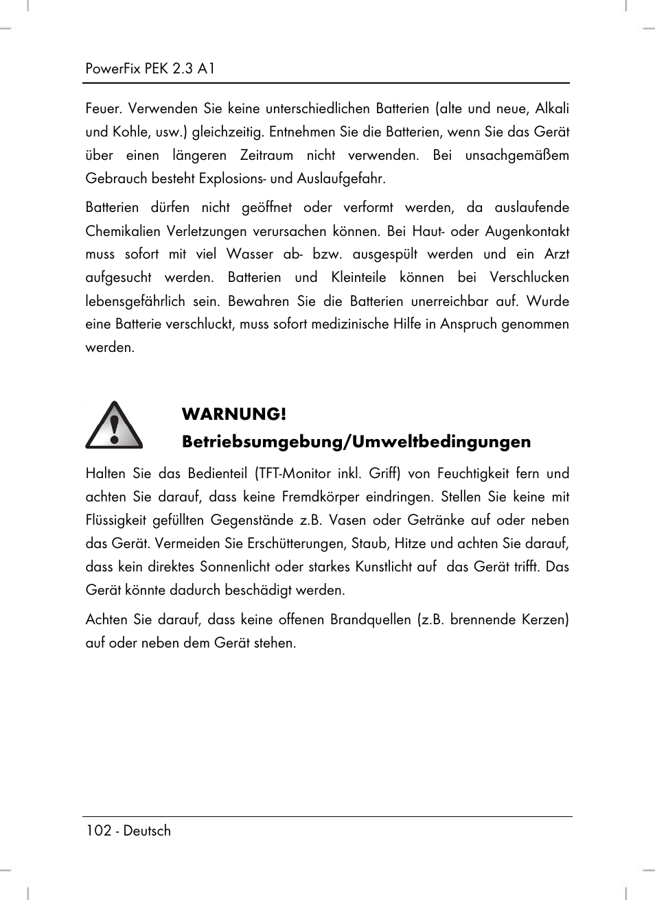 Warnung! betriebsumgebung/umweltbedingungen | Powerfix PEK 2.3 A1 User Manual | Page 104 / 116