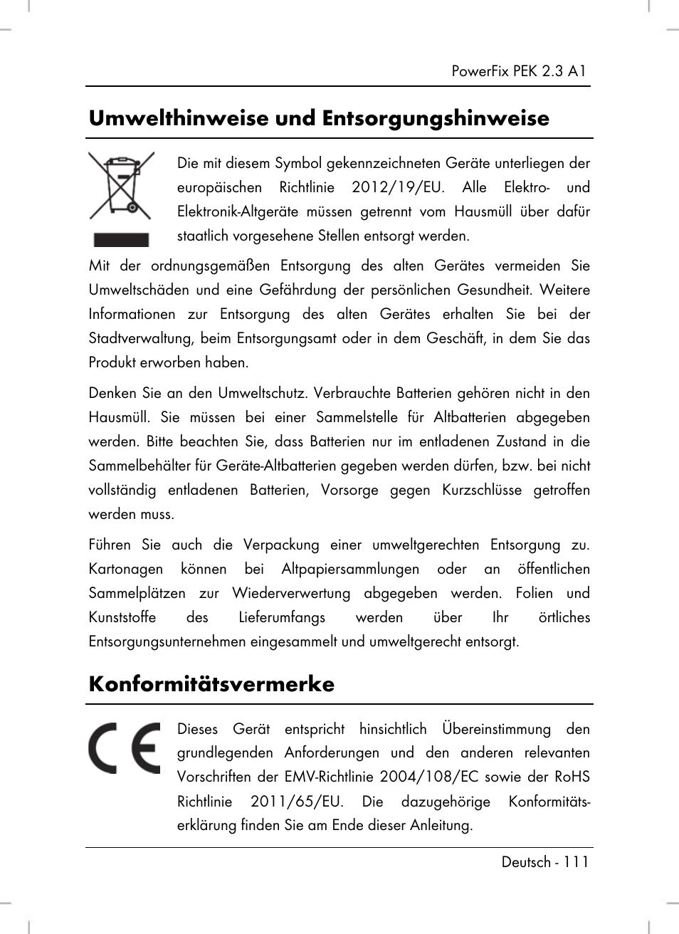 Umwelthinweise und entsorgungshinweise, Konformitätsvermerke | Powerfix PEK 2.3 A1 User Manual | Page 113 / 116