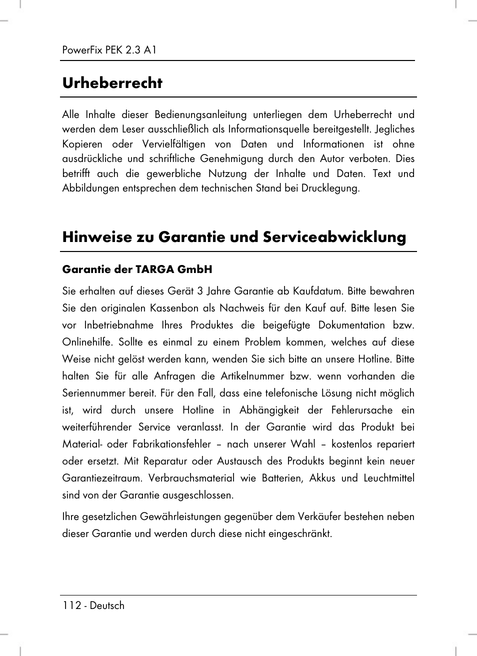 Urheberrecht, Hinweise zu garantie und serviceabwicklung | Powerfix PEK 2.3 A1 User Manual | Page 114 / 116