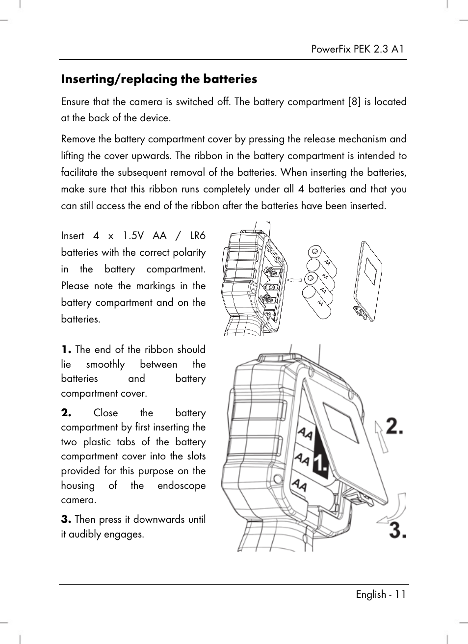 Inserting/replacing the batteries | Powerfix PEK 2.3 A1 User Manual | Page 13 / 116