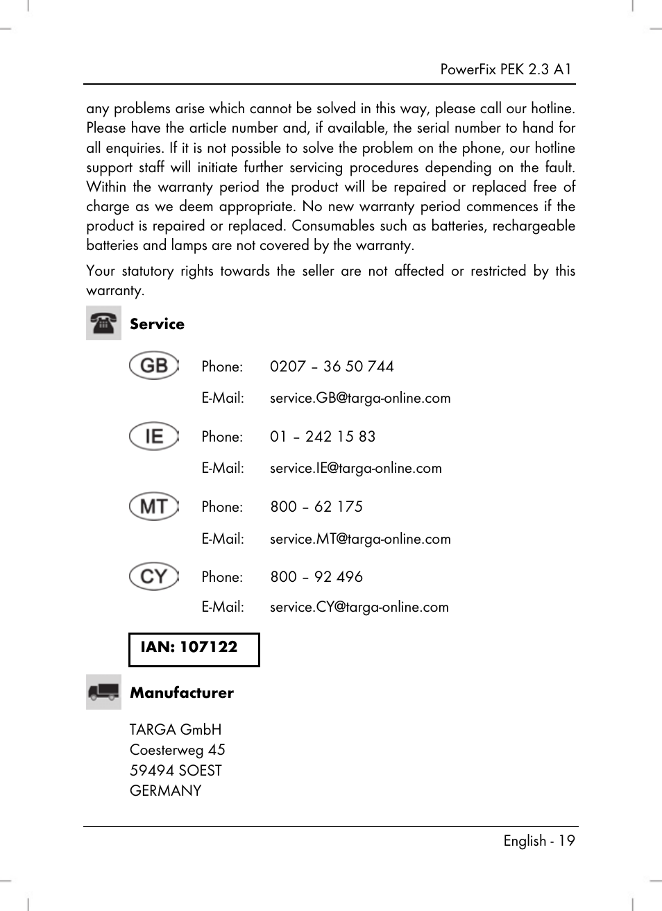 Powerfix PEK 2.3 A1 User Manual | Page 21 / 116
