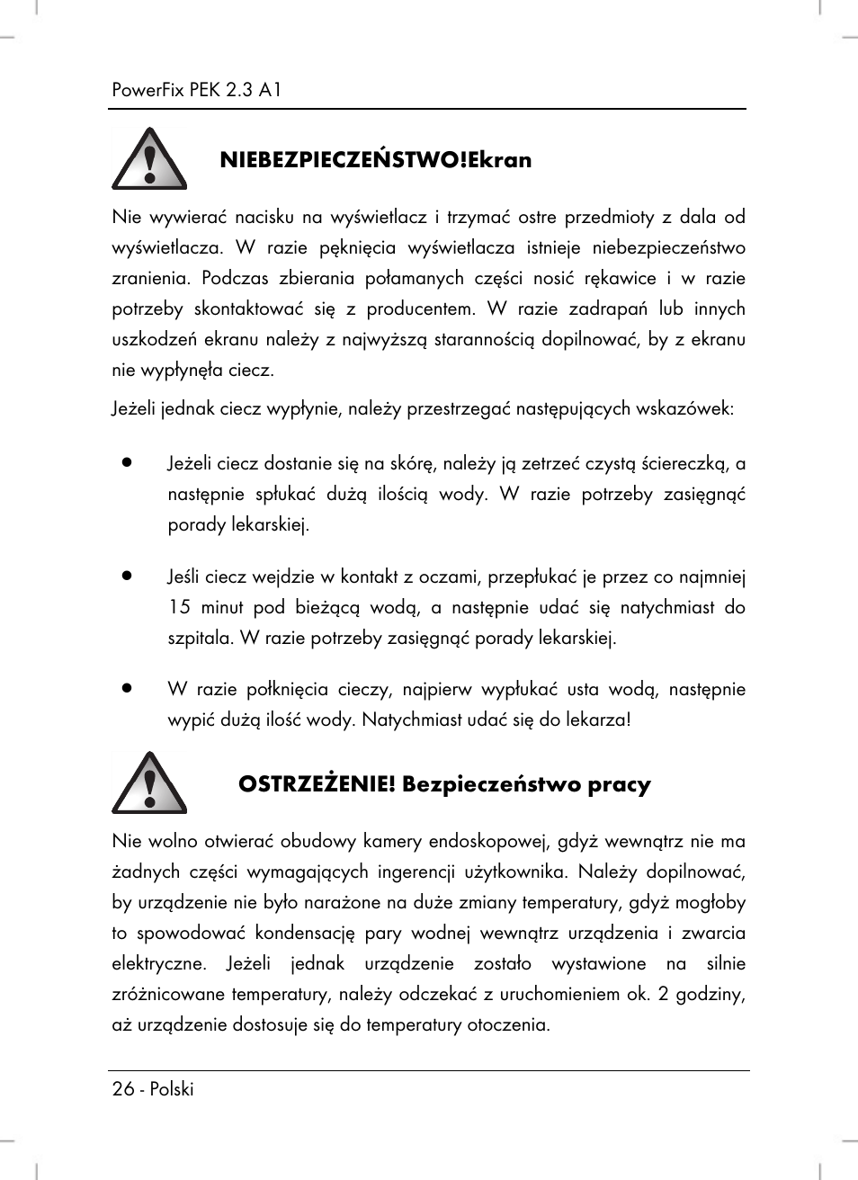 Niebezpieczeństwo!ekran, Ostrzeżenie! bezpieczeństwo pracy | Powerfix PEK 2.3 A1 User Manual | Page 28 / 116