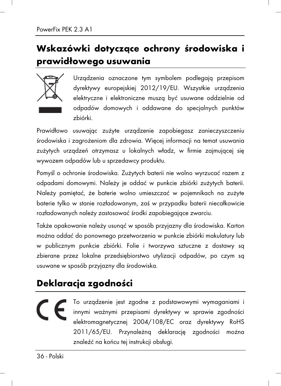 Deklaracja zgodności | Powerfix PEK 2.3 A1 User Manual | Page 38 / 116