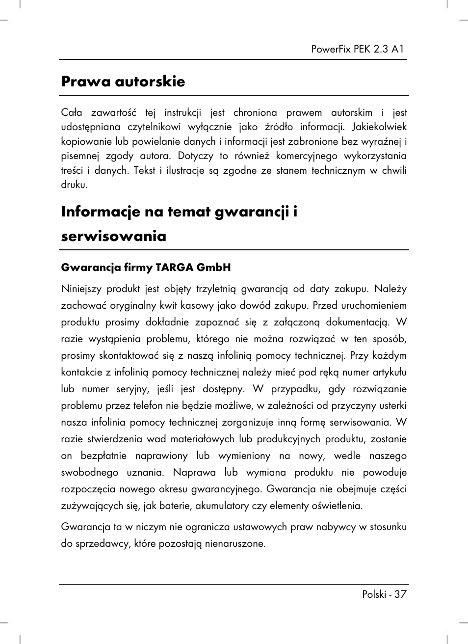 Prawa autorskie, Informacje na temat gwarancji i serwisowania | Powerfix PEK 2.3 A1 User Manual | Page 39 / 116