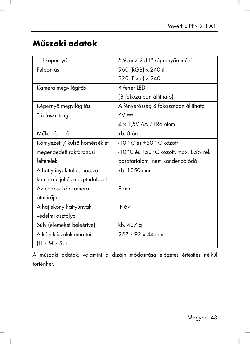 Műszaki adatok | Powerfix PEK 2.3 A1 User Manual | Page 45 / 116