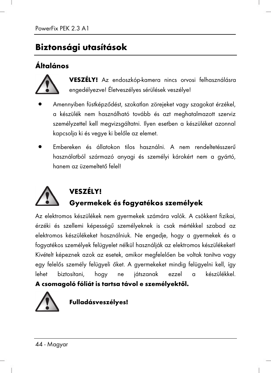 Biztonsági utasítások | Powerfix PEK 2.3 A1 User Manual | Page 46 / 116
