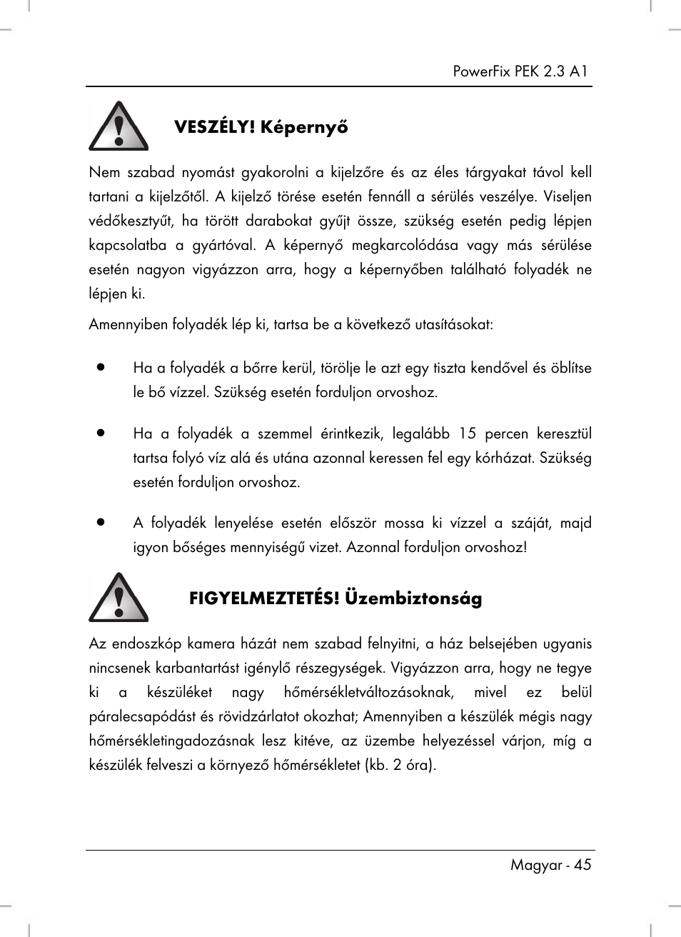 Veszély! képernyő, Figyelmeztetés! üzembiztonság | Powerfix PEK 2.3 A1 User Manual | Page 47 / 116
