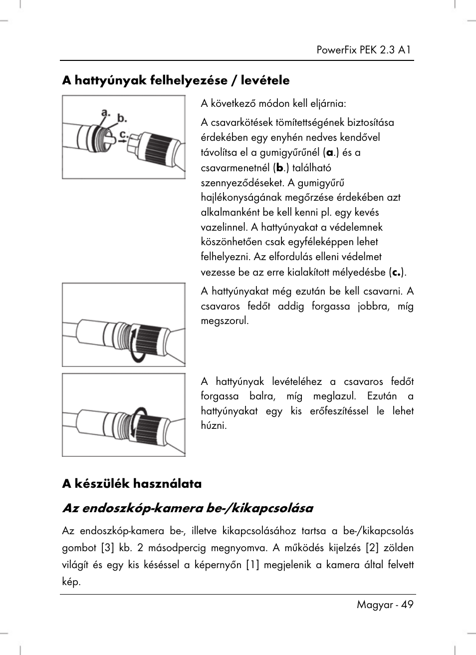 Az endoszkóp-kamera be-/kikapcsolása, A hattyúnyak felhelyezése / levétele, A készülék használata | Powerfix PEK 2.3 A1 User Manual | Page 51 / 116