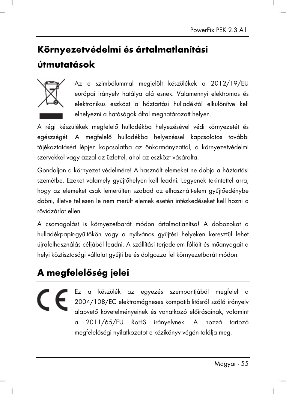 Környezetvédelmi és ártalmatlanítási útmutatások, A megfelelőség jelei | Powerfix PEK 2.3 A1 User Manual | Page 57 / 116