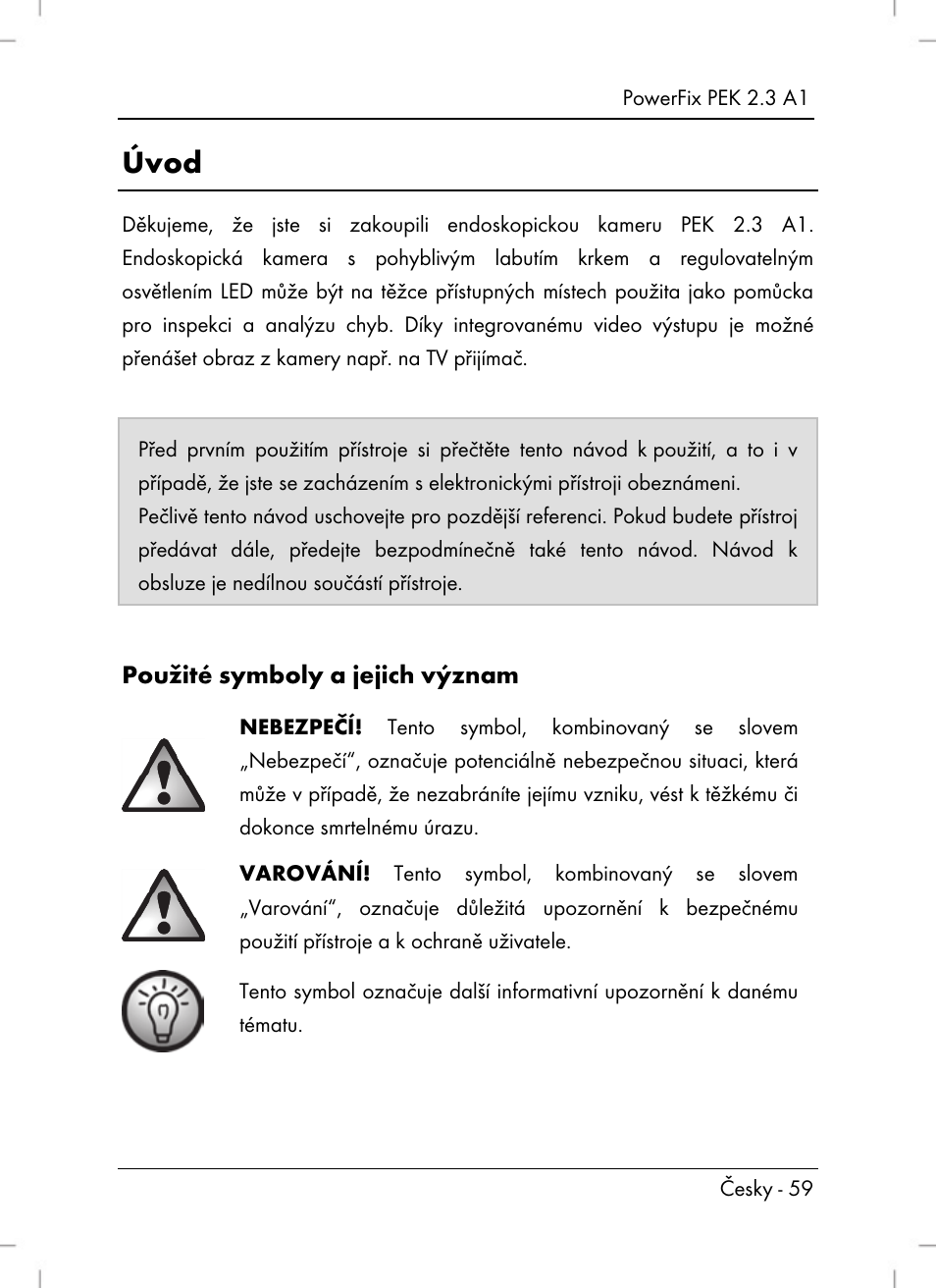 Úvod, Použité symboly a jejich význam | Powerfix PEK 2.3 A1 User Manual | Page 61 / 116