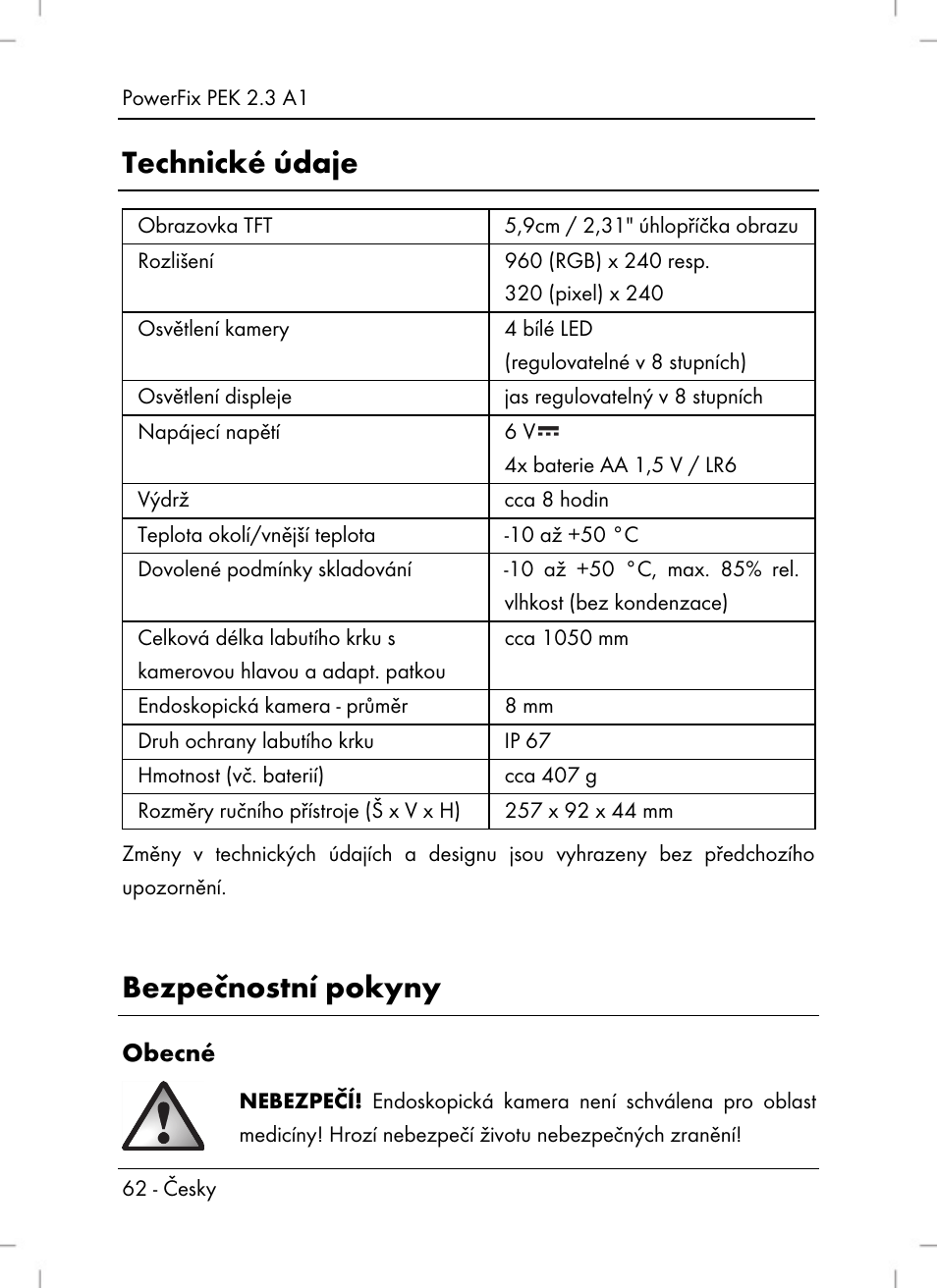 Technické údaje, Bezpečnostní pokyny, Obecné | Powerfix PEK 2.3 A1 User Manual | Page 64 / 116