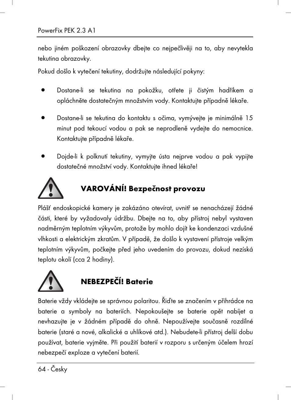 Varování! bezpečnost provozu, Nebezpečí! baterie | Powerfix PEK 2.3 A1 User Manual | Page 66 / 116