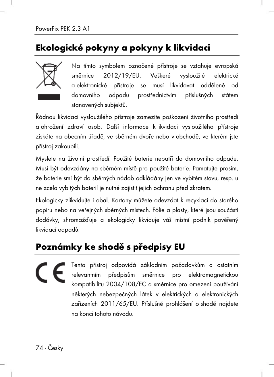 Ekologické pokyny a pokyny k likvidaci, Poznámky ke shodě s předpisy eu | Powerfix PEK 2.3 A1 User Manual | Page 76 / 116