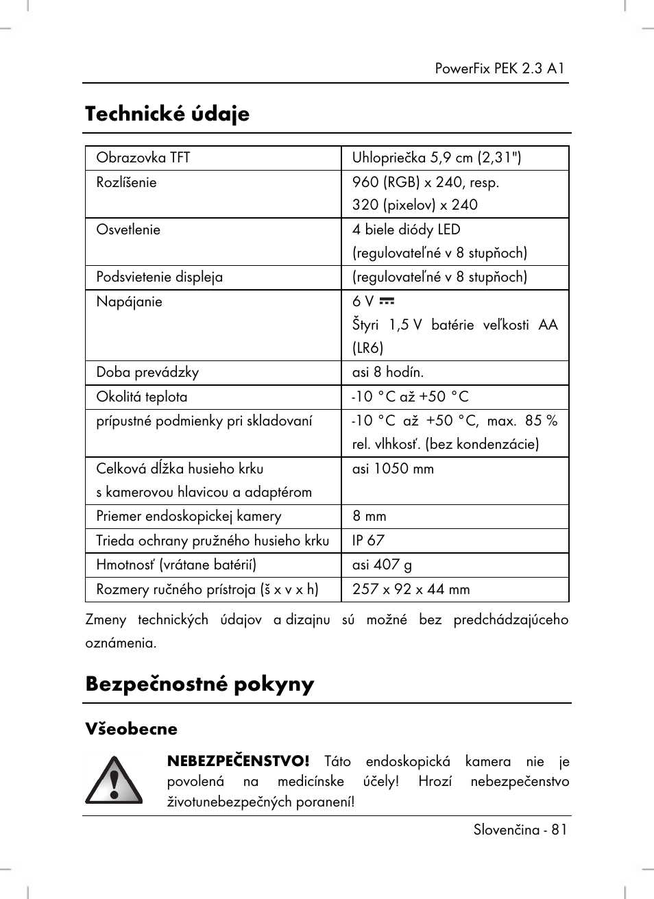 Technické údaje, Bezpečnostné pokyny, Všeobecne | Powerfix PEK 2.3 A1 User Manual | Page 83 / 116