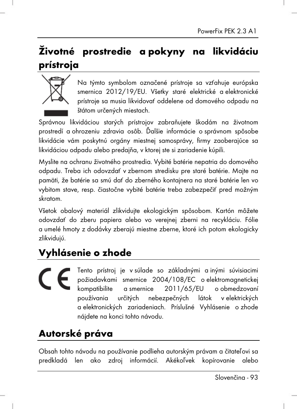 Vyhlásenie o zhode, Autorské práva | Powerfix PEK 2.3 A1 User Manual | Page 95 / 116