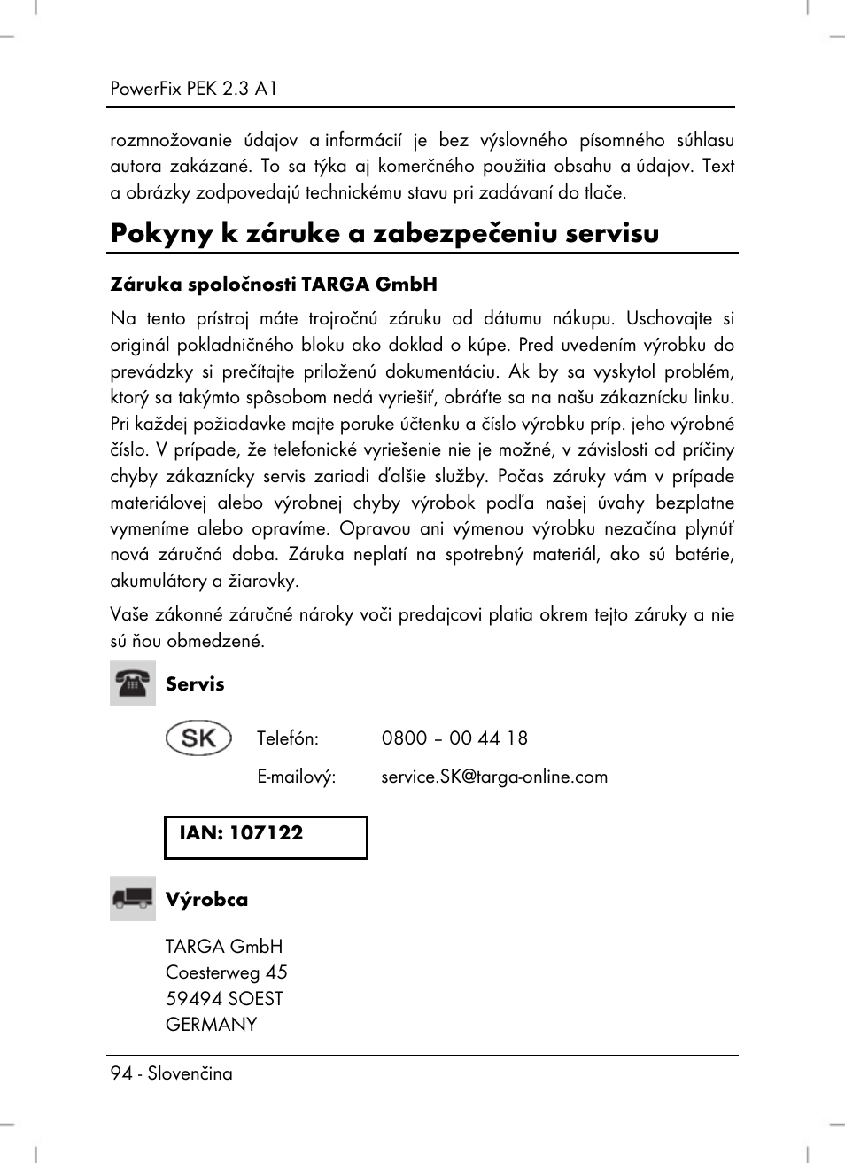 Pokyny k záruke a zabezpečeniu servisu | Powerfix PEK 2.3 A1 User Manual | Page 96 / 116