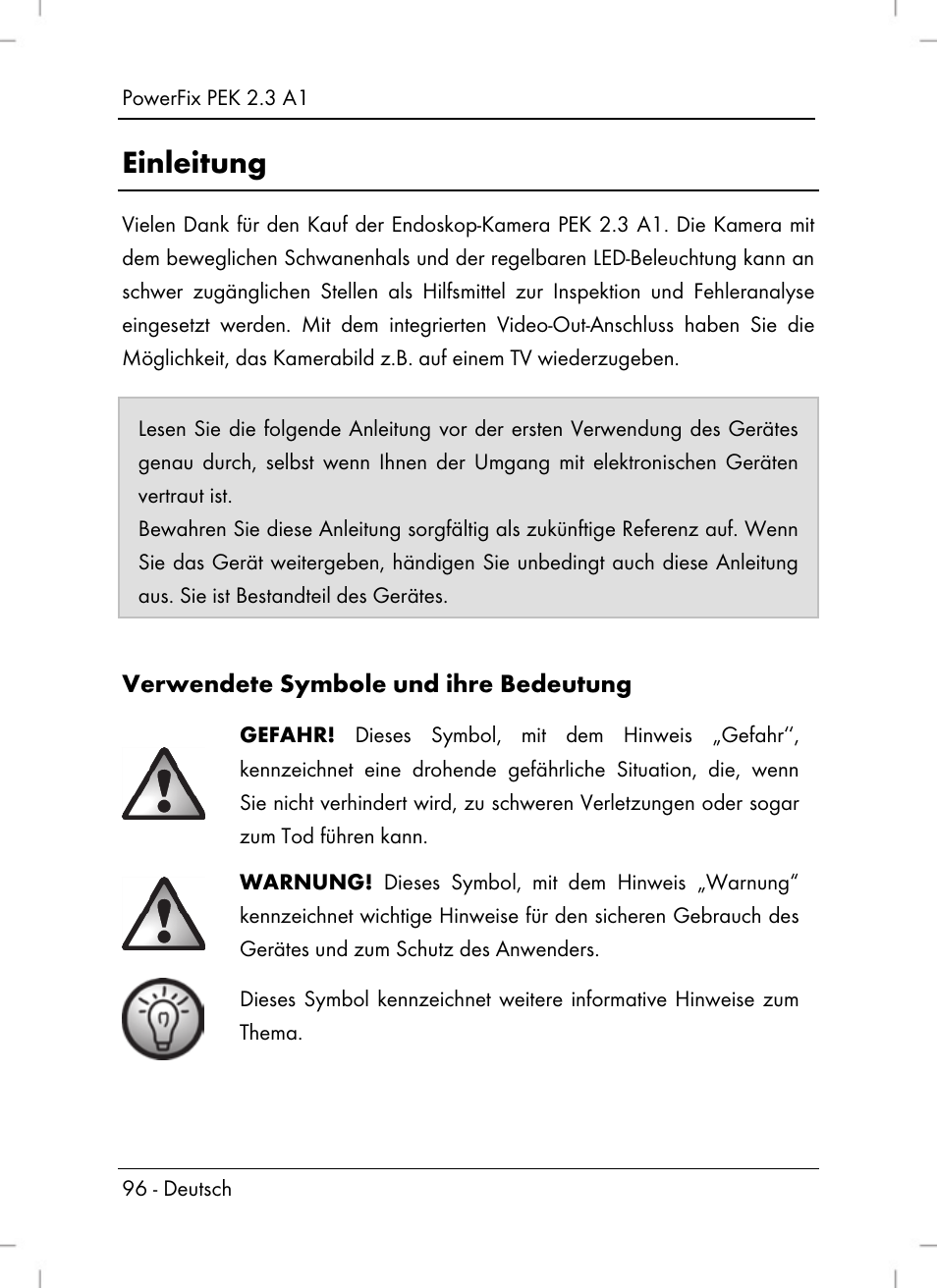 Einleitung, Verwendete symbole und ihre bedeutung | Powerfix PEK 2.3 A1 User Manual | Page 98 / 116