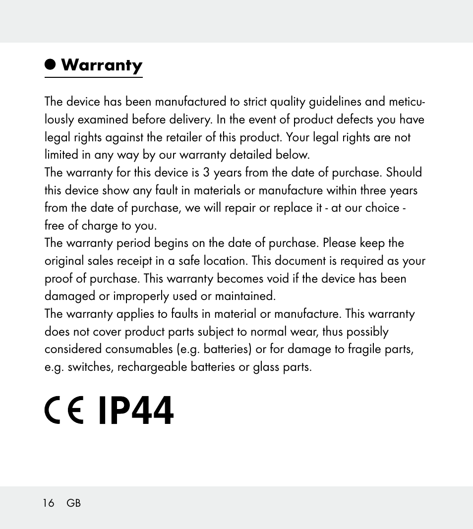 Warranty | Powerfix Z31712A/Z31712B Z31712C/Z31712D User Manual | Page 16 / 78