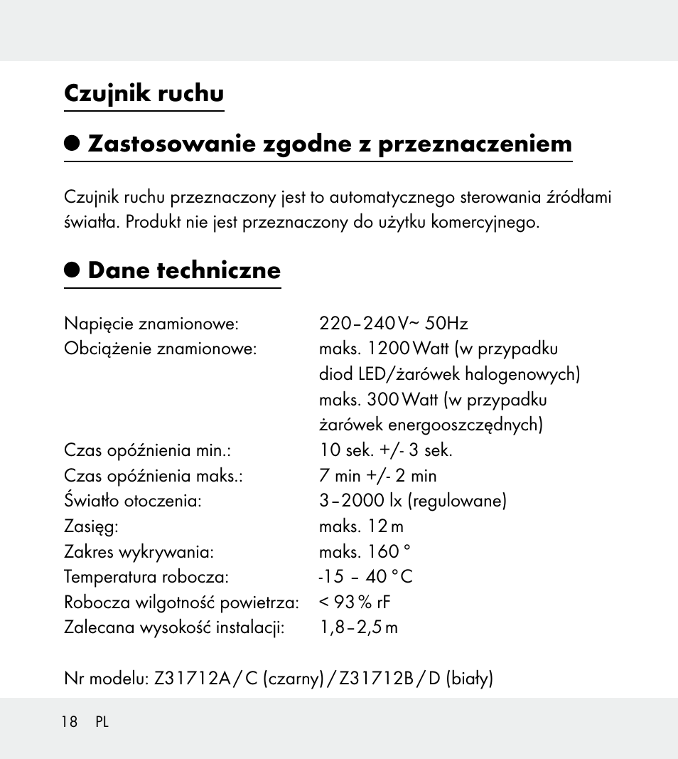 Czujnik ruchu zastosowanie zgodne z przeznaczeniem, Dane techniczne | Powerfix Z31712A/Z31712B Z31712C/Z31712D User Manual | Page 18 / 78