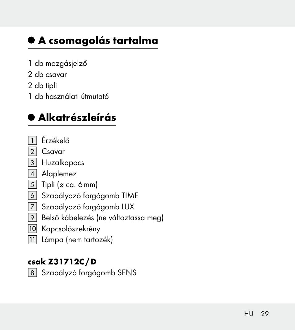 A csomagolás tartalma, Alkatrészleírás | Powerfix Z31712A/Z31712B Z31712C/Z31712D User Manual | Page 29 / 78