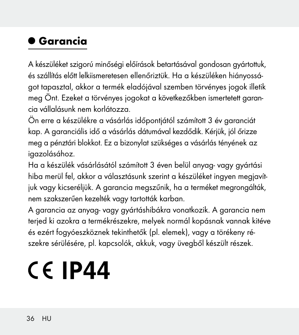Garancia | Powerfix Z31712A/Z31712B Z31712C/Z31712D User Manual | Page 36 / 78