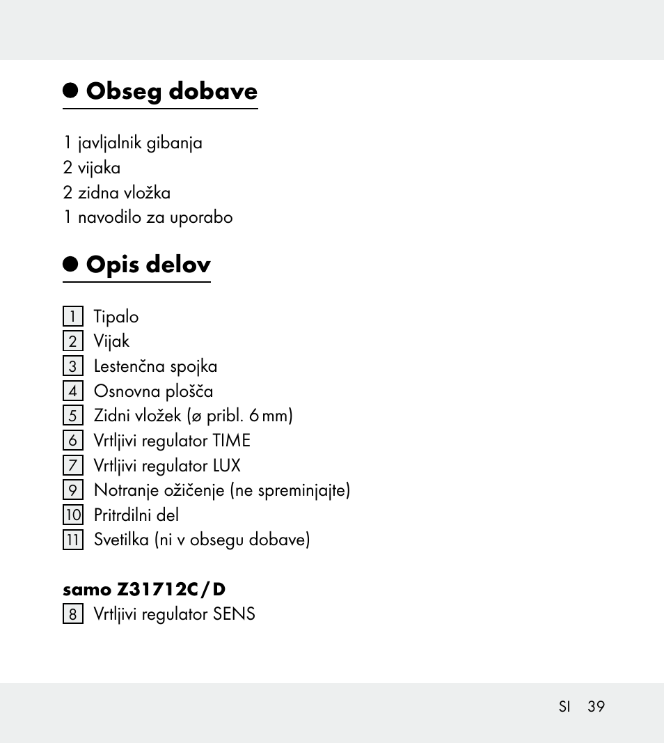 Obseg dobave, Opis delov | Powerfix Z31712A/Z31712B Z31712C/Z31712D User Manual | Page 39 / 78