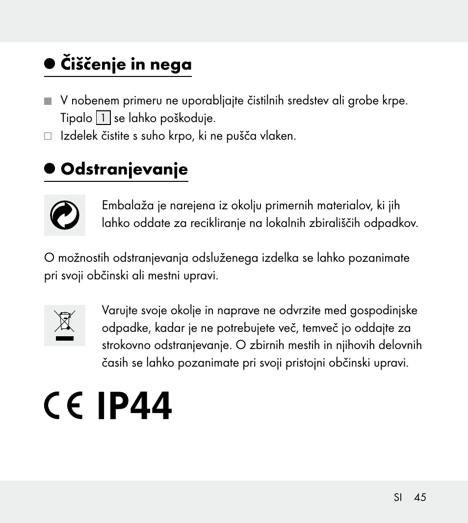 Čiščenje in nega, Odstranjevanje | Powerfix Z31712A/Z31712B Z31712C/Z31712D User Manual | Page 45 / 78