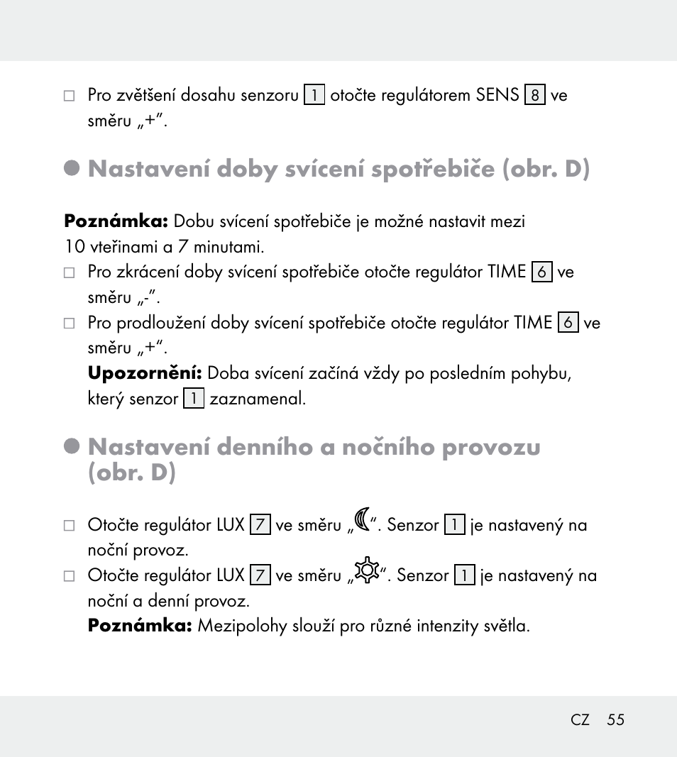 Nastavení doby svícení spotřebiče (obr. d), Nastavení denního a nočního provozu (obr. d) | Powerfix Z31712A/Z31712B Z31712C/Z31712D User Manual | Page 55 / 78
