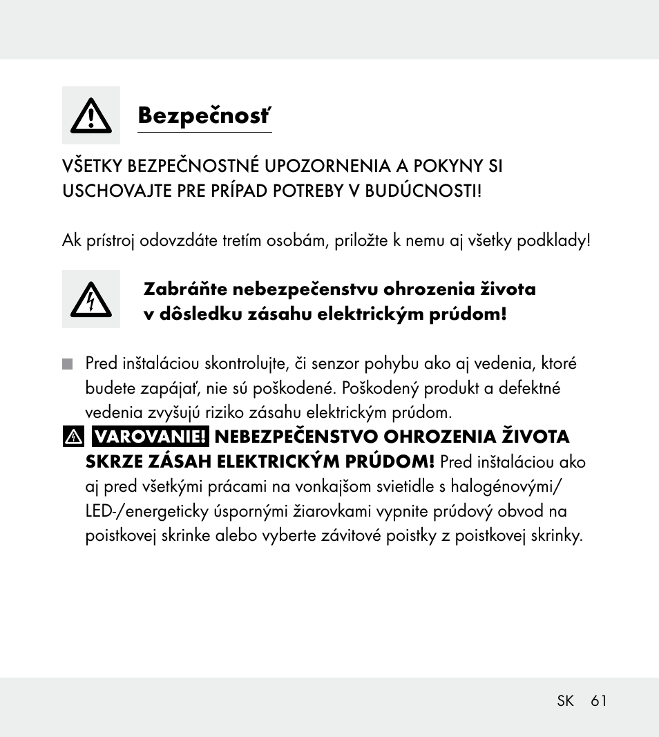 Bezpečnosť | Powerfix Z31712A/Z31712B Z31712C/Z31712D User Manual | Page 61 / 78