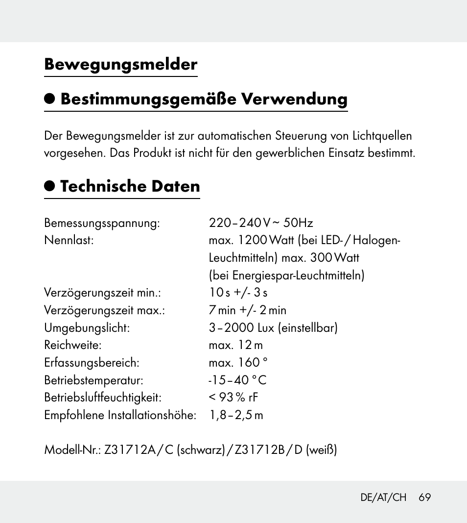 Bewegungsmelder bestimmungsgemäße verwendung, Technische daten | Powerfix Z31712A/Z31712B Z31712C/Z31712D User Manual | Page 69 / 78