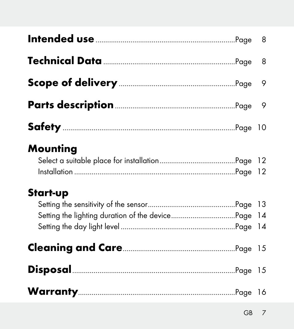 Intended use, Technical data, Scope of delivery | Parts description, Safety, Mounting, Start-up, Cleaning and care, Disposal, Warranty | Powerfix Z31712A/Z31712B Z31712C/Z31712D User Manual | Page 7 / 78