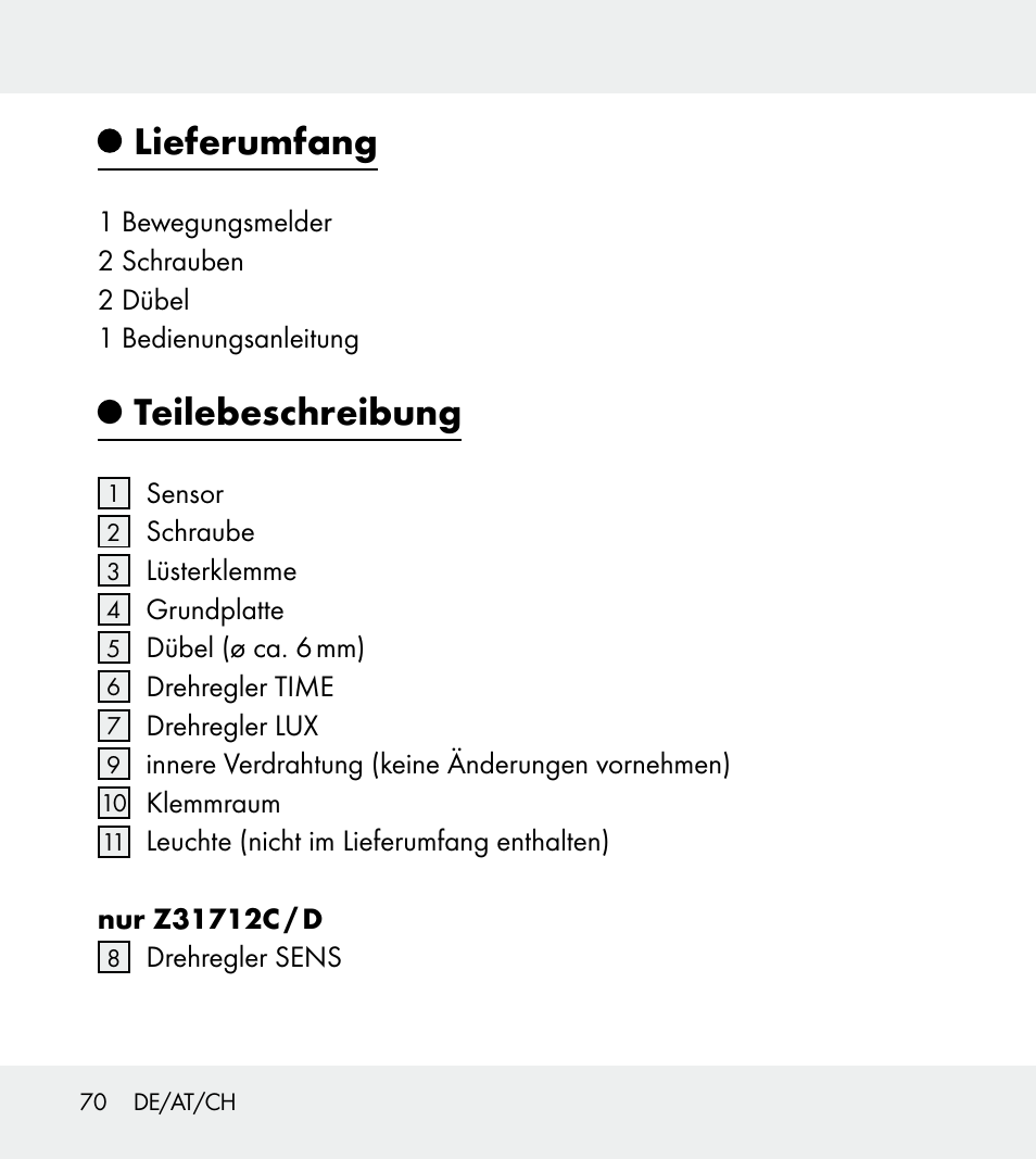 Lieferumfang, Teilebeschreibung | Powerfix Z31712A/Z31712B Z31712C/Z31712D User Manual | Page 70 / 78