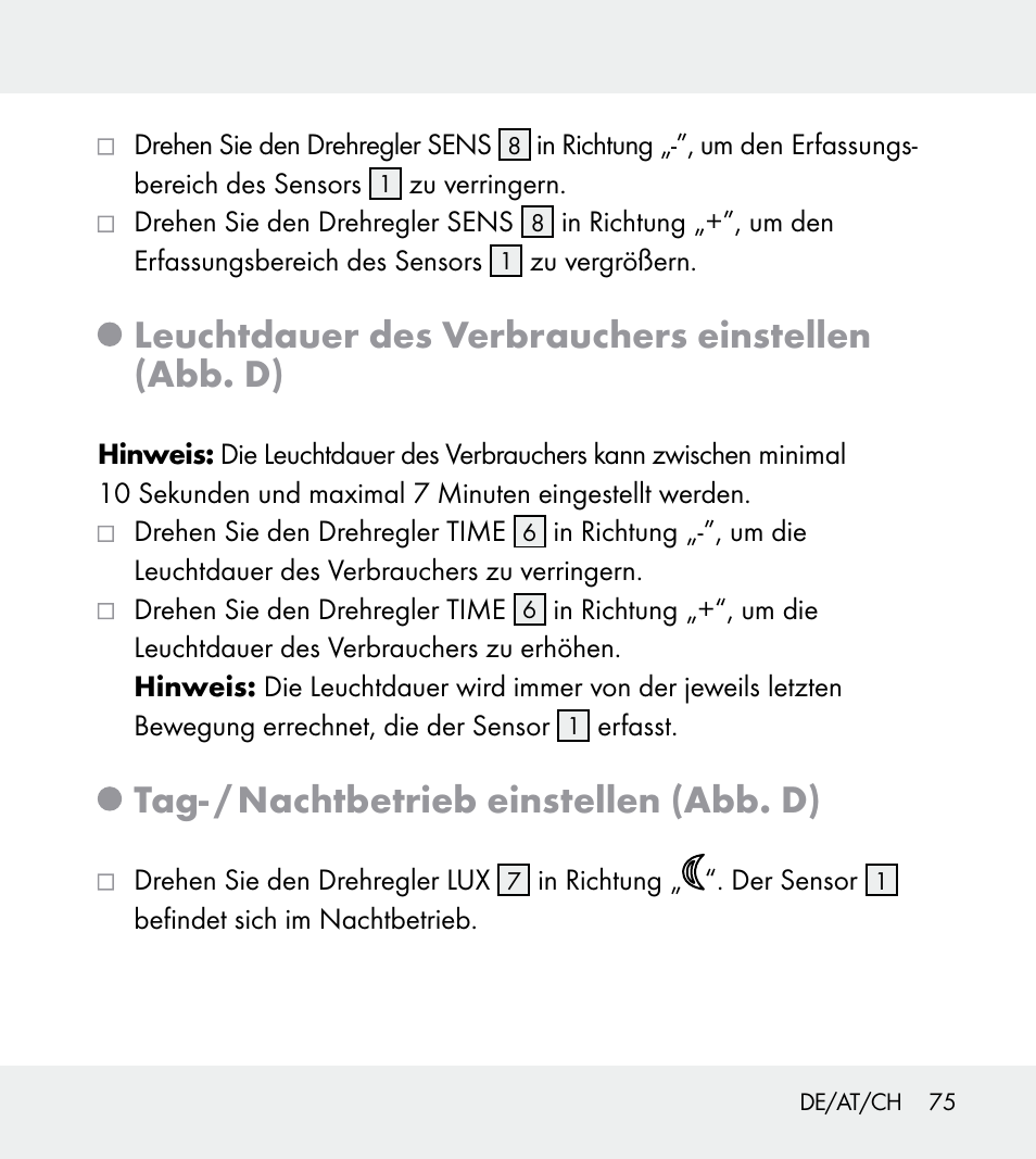 Leuchtdauer des verbrauchers einstellen (abb. d), Tag- / nachtbetrieb einstellen (abb. d) | Powerfix Z31712A/Z31712B Z31712C/Z31712D User Manual | Page 75 / 78