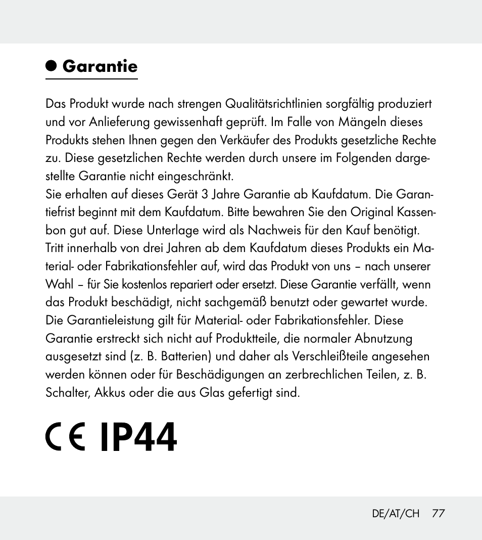 Garantie | Powerfix Z31712A/Z31712B Z31712C/Z31712D User Manual | Page 77 / 78