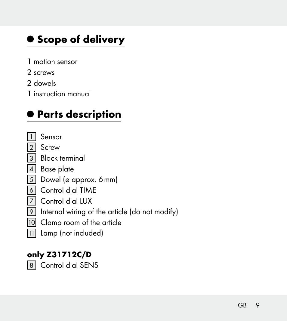 Scope of delivery, Parts description | Powerfix Z31712A/Z31712B Z31712C/Z31712D User Manual | Page 9 / 78