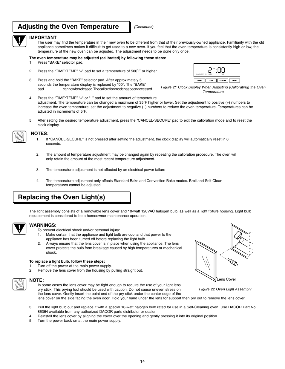 Care and cleaning, Adjusting the oven temperature, Replacing the oven light(s) | Dacor ACS363 User Manual | Page 16 / 22